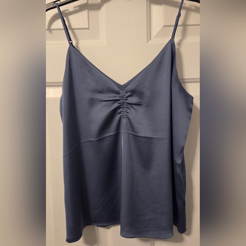 Express Satin Ruched Cami Blue V-Neck Adjustable Strap Tank Top Medium